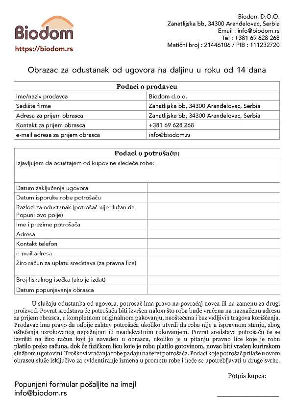Obrazac za odustanak od kupovine